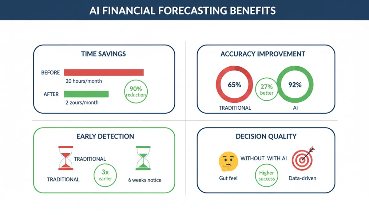 Four key benefits of AI financial forecasting: 90% time savings, 27% accuracy improvement, 3x earlier problem detection, and data-driven decision making