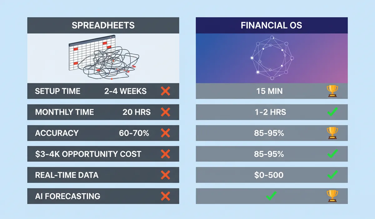 Comprehensive comparison chart showing spreadsheets versus financial operating systems across setup time, accuracy, cost, and features