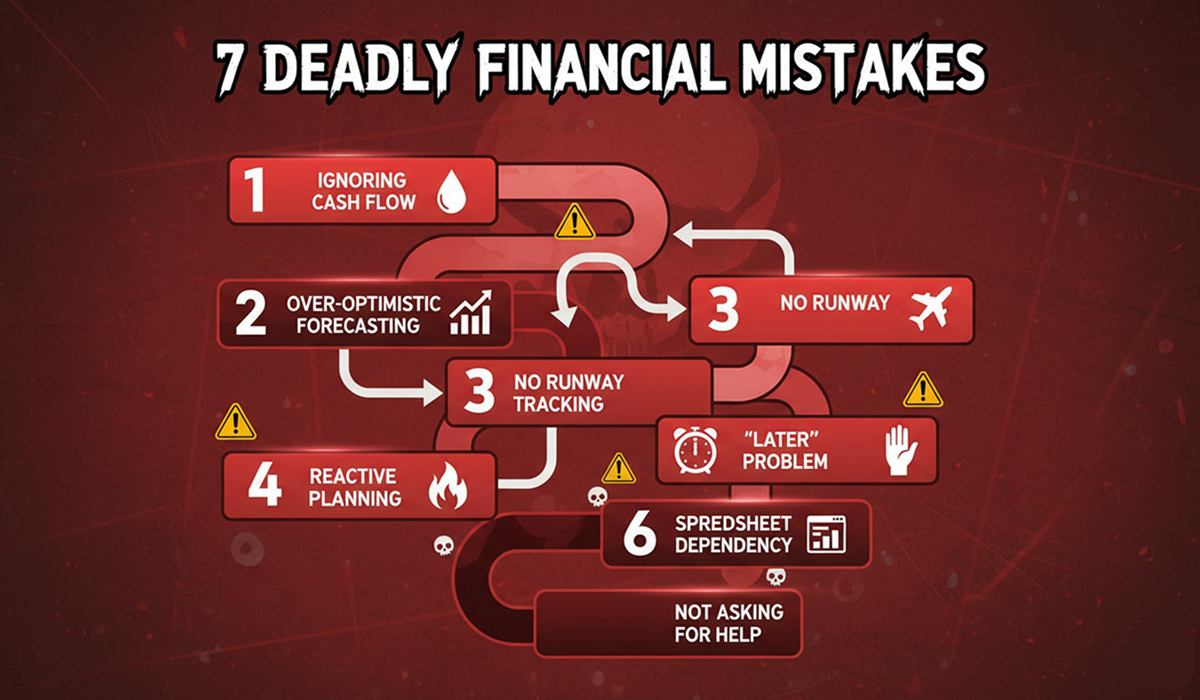 Flowchart showing the 7 deadly financial planning mistakes that cause startups to fail, from ignoring cash flow to not asking for help