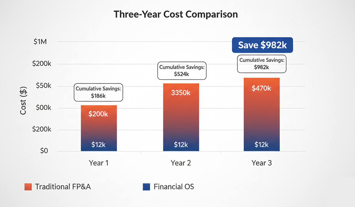 Three-year cost comparison graph showing traditional FP&A costs escalating from $200k to $600k while Financial OS remains under $20k, saving $982k total